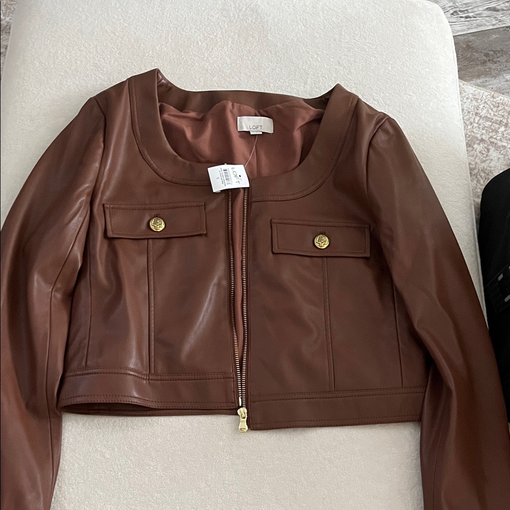 LOFT Brown Faux Leather Cropped Jacket with Gold Buttons